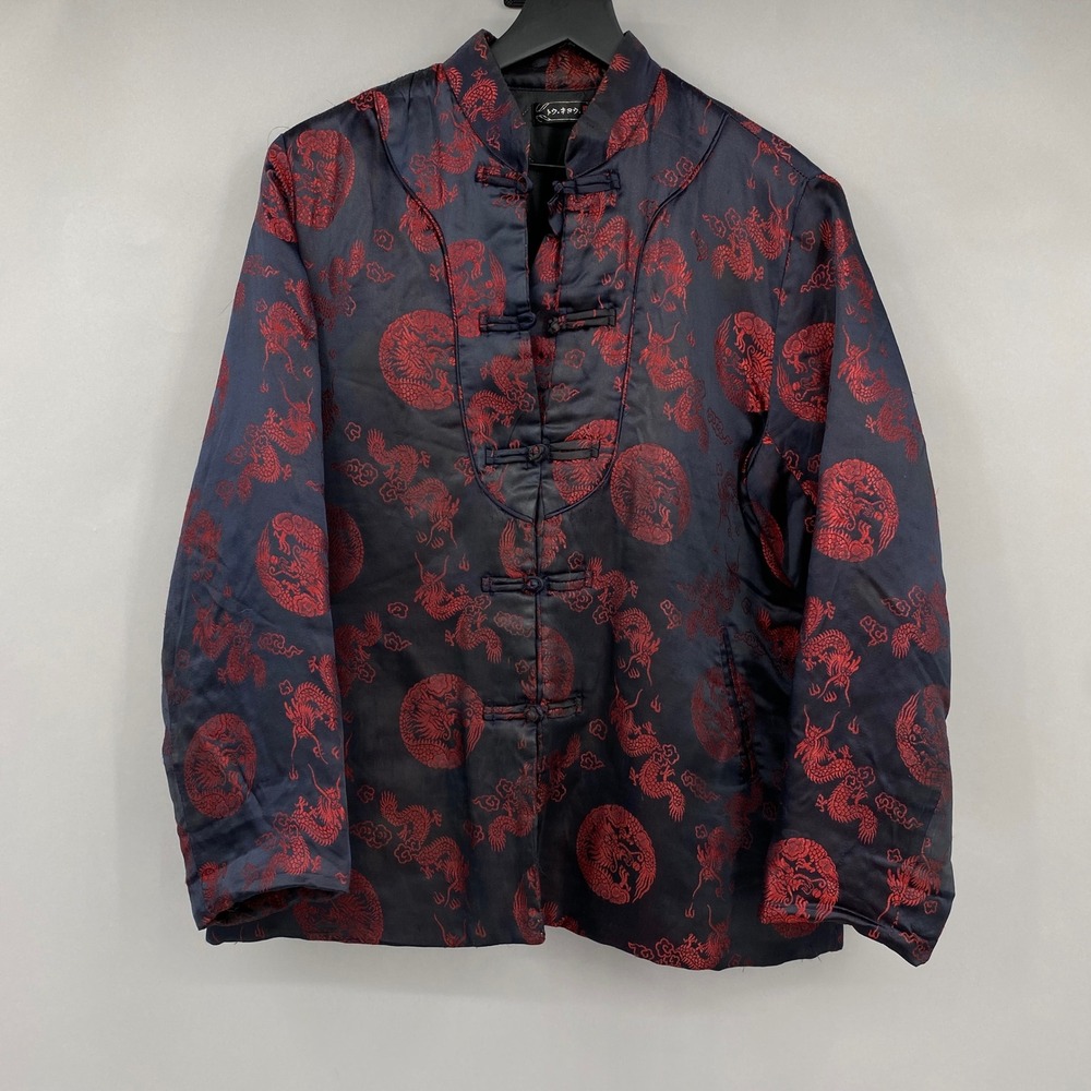 Vtg Tokyo Dragon Print Quilted Satin Jacket Mens Large Frog Button Black Red